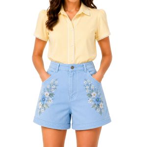 Shorts de Mezclilla Personalizados para Mujer, Bordados con Flores Azul Cielo, Cintura Alta, Casuales, de Verano, de Algodón Elástico, con Logotipo Personalizado - Product Image 1