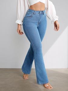 Jean évasé taille haute en denim pour femme, longueur intégrale, couleur unie, boutonnage frontal, style décontracté, en coton, collection automne - Product Image 4