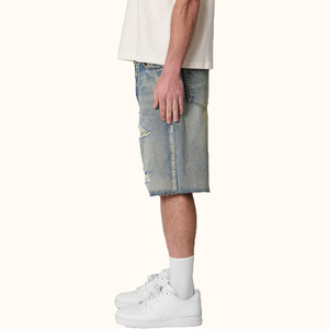 Nuevos Pantalones Cortos Vaqueros Retro de Corte Holgado para Hombre, con Agujeros y Bajo Deshilachado, Venta al por Mayor - Product Image 3