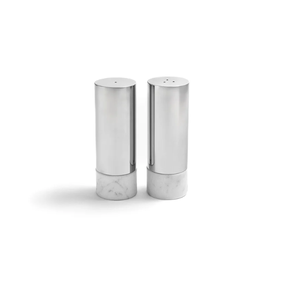 Luxury Modern <b>Silver</b> and White Marble Salt and Pepper Shaker Set with Matching Marble Base Cylindrical Tabletop Kitchen Decor - Product Image 2