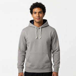 <b>Men's</b> Solid <b>Grey</b> French Terry <b>Hoodie</b> Pullover with Kangaroo Pocket Casual Autumn Sweatshirt - Product Image 2