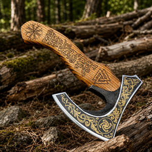 Hacha vikinga con cabeza de acero al carbono y mango de madera de fresno, pulida en negro, ideal para regalos de cumpleaños - Hacha vikinga con diseño de tomahawk y cuchilla de pizza. - Product Image 4