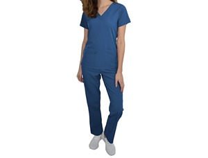Women <b>Scrub</b> Set Blue V-Neck Short Sleeve Top With Pockets Woven Hospital <b>Scrub</b> Suit - Product Image 3
