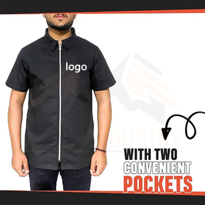Chemise de travail noire à manches courtes pour homme avec fermeture éclair, en coton respirant, impression de logo, service OEM - Product Image 4