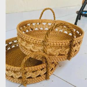 Bandeja de mimbre estilo cesta con asa de doble cara, bandeja de servir de caña tejida, adecuada para buffet de hotel y bandeja de exhibición para desayuno. - Product Image 3