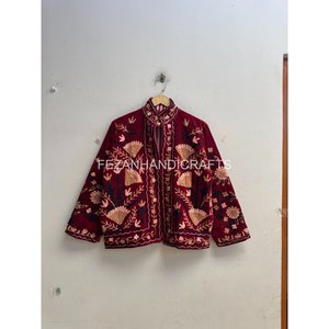 <b>Women's</b> Maroon <b>Velvet</b> Jacket Mandarin Collar Floral Embroidered <b>Coat</b> Zipper Winter Top - Product Image 1