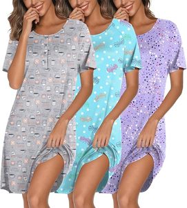 Paquete de 3 Camisones para Mujer, Camiseta de Dormir de Manga Corta con Botones, Camisón Suave, Ropa de Dormir Informal - Product Image 3