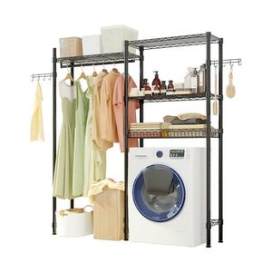 Appendiabiti Portatile in Metallo Salvaspazio, Scaffale per Bagno con Appendiabiti, Organizzatore per Lavatrice e Asciugatrice, Stendibiancheria - Product Image 6