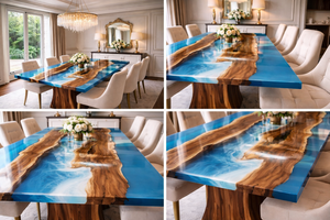 Table à manger de luxe en bois de noyer à bords naturels et résine époxy bleue, design moderne, faite à la main, mobilier de bureau d'exception - Product Image 5