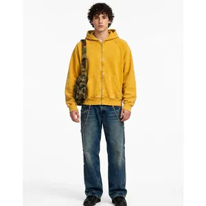 Sweat-shirt à capuche zippé jaune moutarde pour homme, en molleton personnalisé avec fermeture éclair frontale, poche kangourou, poignets côtelés, style streetwear moderne, OEM - Product Image 1