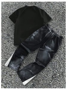 Men Streetwear 2 Piece Tracksuit Set Letter Graphic Short Sleeve Tee and Drawstring <b>Flared</b> <b>Sweatpants</b> OEM <b>Wholesale</b> - Product Image 2