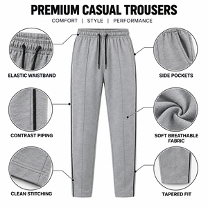 Pantalon de survêtement en maille chinée pour homme OEM avec plis décoratifs sur le devant, passepoil latéral contrastant, taille élastique – Vêtement de sport décontracté pour le quotidien - Product Image 5
