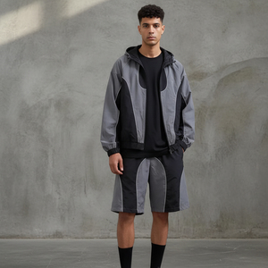 Men's Casual Printed Knitted Breathable Summer Windbreaker 100% Cotton Tracksuit <b>Zip</b>-<b>Up</b> Jacket and Shorts Set - Product Image 1