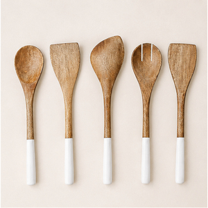 Ensemble de 5 cuillères de cuisine en bois de manguier, résistantes à la chaleur, antiadhésives, avec manche blanc, spatule incluse, au meilleur prix - Product Image 3