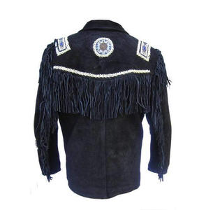 เสื้อแจ็คเก็ตหนังกลับสีดำสำหรับผู้ชาย แต่งลายปักแบบพู่  ปกเสื้อพับได้ พิมพ์โลโก้ตามสั่ง ปิดด้วยซิป สวมใส่สบายในฤดูหนาว - Product Image 3