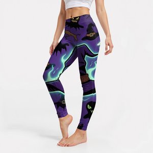 High Waist Capris <b>Leggings</b> with Witch Cartoon Heat-Transfer Printed Stretch <b>Knitted</b> Spandex Women's Sporty 220g All Seasons - Product Image 1
