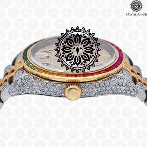 Montre de luxe pour homme Charm_Jewells en acier inoxydable, 40 mm, lunette sertie de diamants arc-en-ciel, analogique, mécanique, boîtier carré, étanche 10 bars - Product Image 2