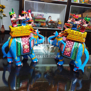 Paire d'éléphants en bois Art Déco faits à la main de qualité supérieure (6 po) – Ensemble de figurines animales peintes et colorées, sculpture décorative polie pour la maison - Product Image 2