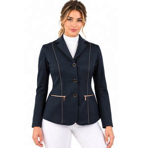 Chaqueta de competición ecuestre azul marino para mujer, corte ajustado, con bolsillos con cremallera dorada y ribete de pedrería - Product Image 1