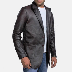 Black <b>Leather</b> <b>Blazer</b> Notched Collar Regular Fit Single Breasted Italian Style <b>Jacket</b> - Product Image 3