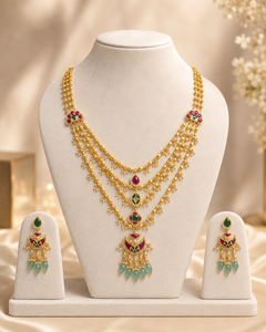 Conjunto de Collar y Pendientes con Capas Doradas, Adornos de Rubí y Esmeralda, Perla de Agua Dulce, Joyería Nupcial para Bodas y Fiestas - Product Image 1
