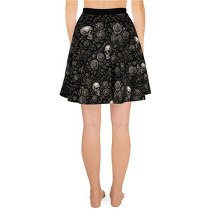 Gothic Skull and Rose <b>Print</b> Women's Skirt - Dark Alternative Flared A-Line <b>Mini</b> Skirt - Halloween Fashion - Product Image 6