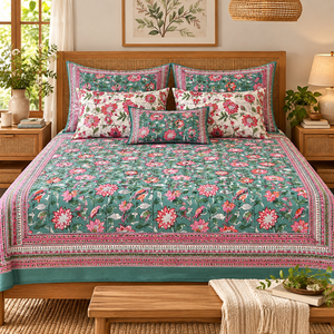 Indian Block Printed Green Pink Floral Super <b>King</b> <b>Size</b> Bedsheet (108x108 Inches) 100% Organic Cotton Vibrant Bohemian 200TC - Product Image 6