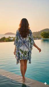 Robe Kaftan Midi Audacieuse à Motifs Floraux Bleu Vert en Coton, Tunique d'Été pour Femme, Cache-maillot de Plage Bohème, Vêtement de Détente Ethnique Indien, Mode Naturelle - Product Image 3