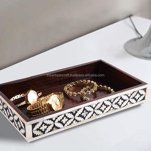 Bandeja para servir con incrustaciones de hueso, bandeja decorativa hecha a mano, materiales naturales, diseño étnico, decoración única para el hogar, madera elegante tradicional - Product Image 2