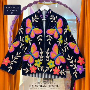 Rajasthani Textile Velvet Knitted Zipper <b>Mandarin</b> <b>Collar</b> Bomber <b>Jacket</b> Floral Pattern Handmade Full Sleeve Autumn Elegant - Product Image 4