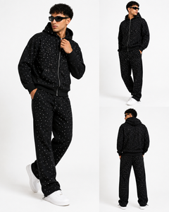 Custom Rhinestone Tracksuit Set Zip Up Hoodie Wide Leg Sweatpants Streetwear Style Sparkle Embellished Casual Matching Apparel - Product Image 2