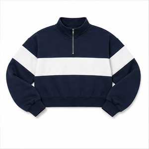 Sudadera Corta Clásica para Mujer, Color Azul Medianoche, Personalizable, con Cierre de Media Cremallera, Dobladillo de Canalé Suave, Mezcla de Algodón - Product Image 5