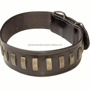 Collier de chien en cuir de selle marron extra large robuste avec accessoires décoratifs en bronze et collier pour chien à boucle réglable - Product Image 1