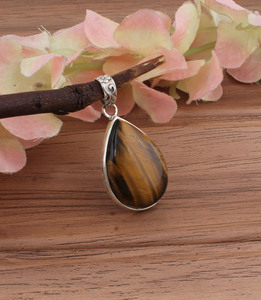 Pendentif en œil de tigre vintage plaqué platine en argent sterling 925 véritable, pierre précieuse naturelle jaune-brun, charme unisexe, bijoux - Product Image 2