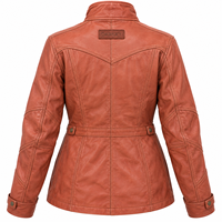 Veste en cuir pour femme, couleur cognac, style utilitaire, quatre poches, col à boucle, fermeture éclair et boutons-pression, coupe ajustée, décontractée, streetwear