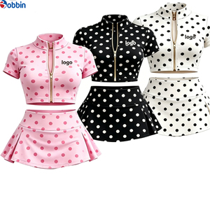 Conjunto de 2 piezas de lunares para mujer, top corto de manga corta con cremallera y falda por encima de la rodilla, ropa deportiva de verano, muy de moda y superventas. - Product Image 6