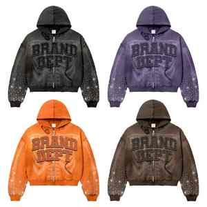 Sudadera con capucha personalizada con cremallera para hombre, de algodón, holgada, con lavado ácido, bordado y efecto desgastado por el sol. - Product Image 1