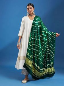 Green Bandhani Dupatta Silk <b>Shawl</b> Hand Drawn Ethnic Traditional Scarf for <b>Wedding</b> Party Casual Wear - Product Image 1