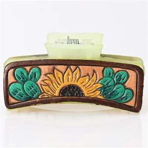 Pinza para el pelo artesanal de cuero occidental hecha a mano con diseño floral de girasol y cactus, ligera, accesorio artesanal para el cabello. - Product Image 1