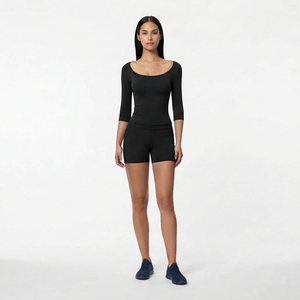 Women’s Fitted <b>Long</b> <b>Sleeve</b> <b>Top</b> and Shorts Set <b>Stretch</b> Activewear Two Piece Fitness Yoga Workout Clothing Custom Made - Product Image 4