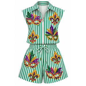 Elegant <b>Women's</b> 2 Piece <b>Shorts</b> Set <b>Long</b> Sleeve Plaid Top Glitter Print Mardi Gras Jester Hat Sequined Blazer - Product Image 3