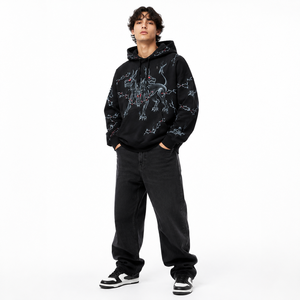 Sudadera con Capucha Unisex Negra Jet, Oversize, con Gráfico de Tres Perros, Forro Polar Grueso, Moda Urbana Personalizada, Servicios OEM - Product Image 1