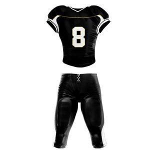 Ensemble d'uniformes de football américain personnalisés, noir, blanc, or, numéro 8, maillot et pantalon imprimés par transfert thermique, coupe ajustée, léger, pour hommes - Product Image 1