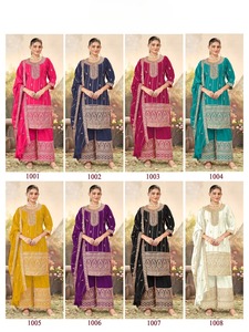 Costume palazzo pour femme en chinon pur, brodé, pour fêtes, mariages et occasions festives, export Inde, prix de gros. - Product Image 6