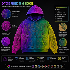 Streetwear Custom 450 gsm Men's French Terry Fleece Luxury Multi Color Rhinestone Embroidery <b>Zip</b> <b>Up</b> <b>Hoodie</b> <b>Cropped</b> Boxy <b>Hoodie</b> - Product Image 5
