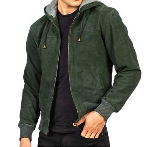 Veste à capuche en cuir de mouton véritable pour hommes et femmes, vêtement d'extérieur vert avec fermeture éclair, poignets en tricot côtelé, teinture unie - Fournisseur OEM 2026 - Product Image 5
