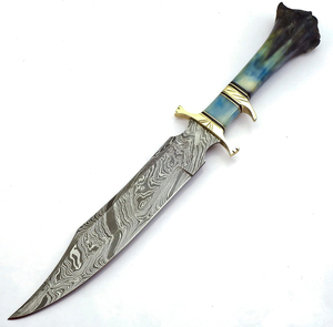 Cuchillo Bowie Recto de Acero de Damasco de Alta Calidad para Caza al Aire Libre, Mango de Hueso de Camello, Guarda de Latón, Logotipo OEM/ODM, Funda de Cuero - Product Image 2