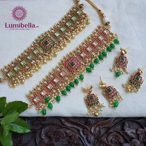 18K Gold Plated Boho Choker <b>Necklace</b> with <b>Green</b> Shell <b>Beads</b> and Diamond Accent - Product Image 1