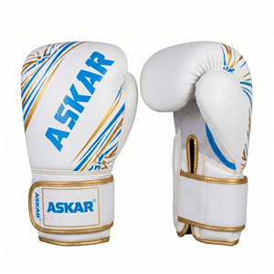 Askar Boxing Gloves White Blue Gold Sublimation Print <b>Velcro</b> Closure Breathable Training Gloves for Adults - Product Image 1