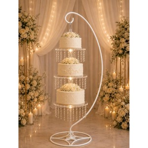 Elegant White Metal <b>Cake</b> <b>Stand</b> with Crystal Drapes Multi Layer Wedding <b>Cake</b> Display Reusable Design - Product Image 1